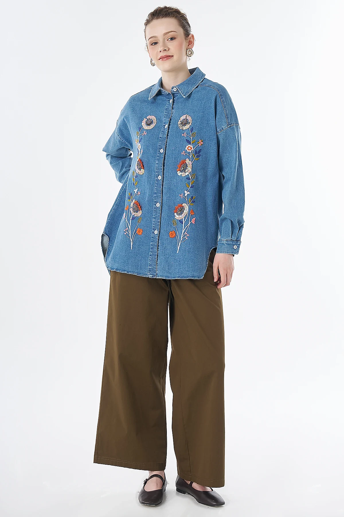 Washed Embroidered Denim Tunic Blue