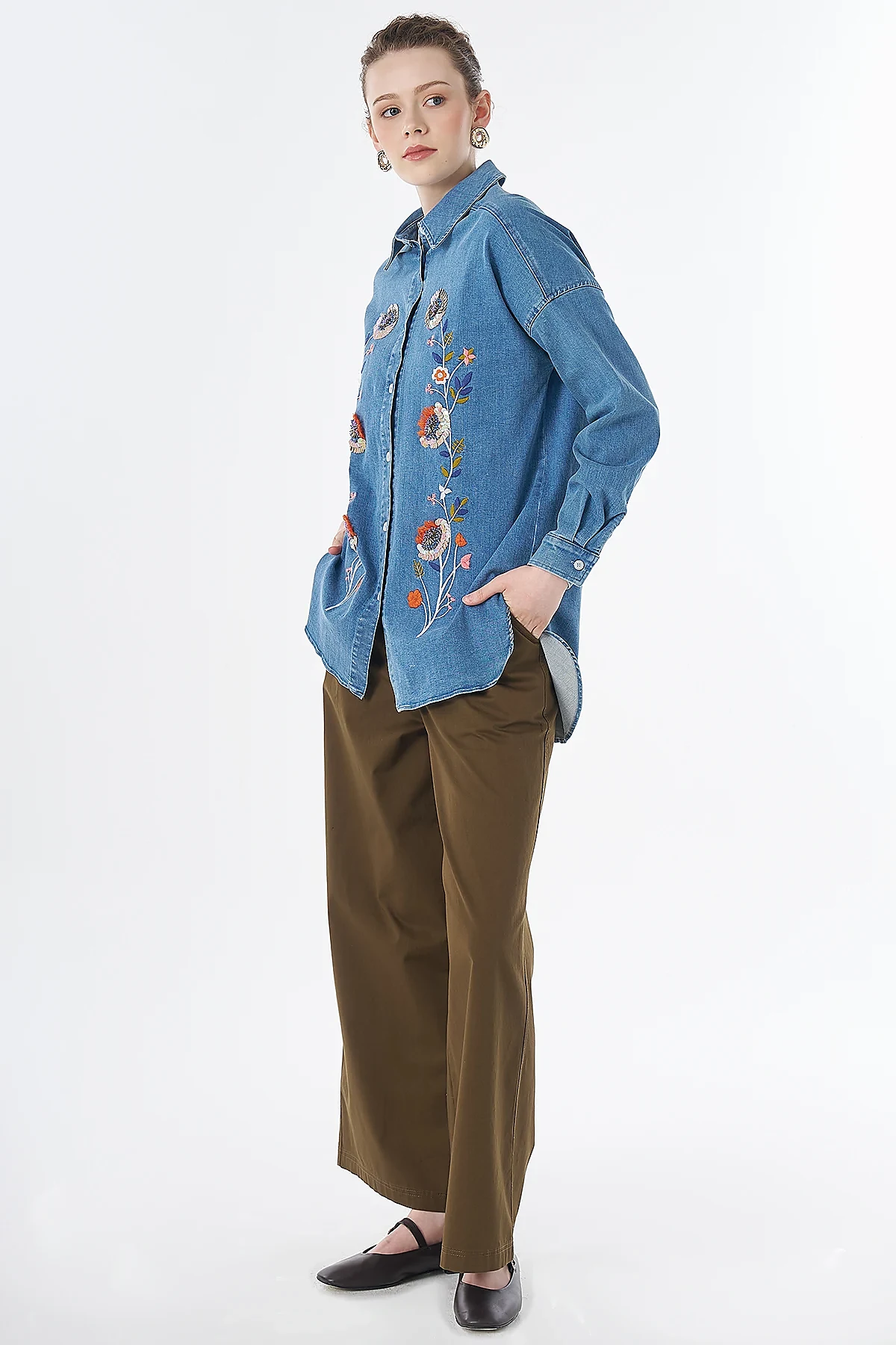 Washed Embroidered Denim Tunic Blue