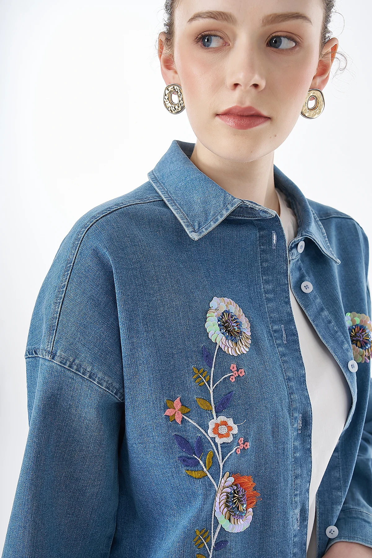 Washed Embroidered Denim Tunic Blue