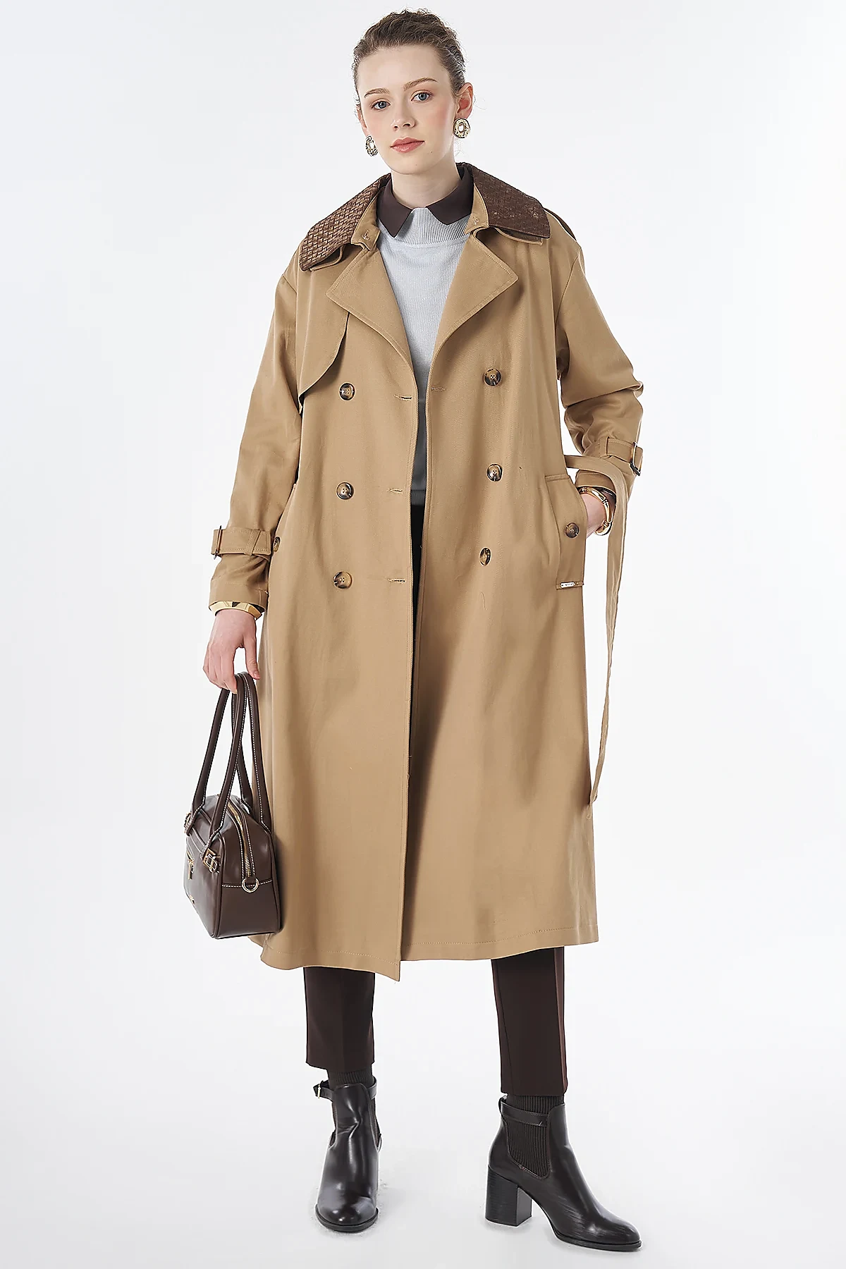 Leather-Collar Trench Coat Beige