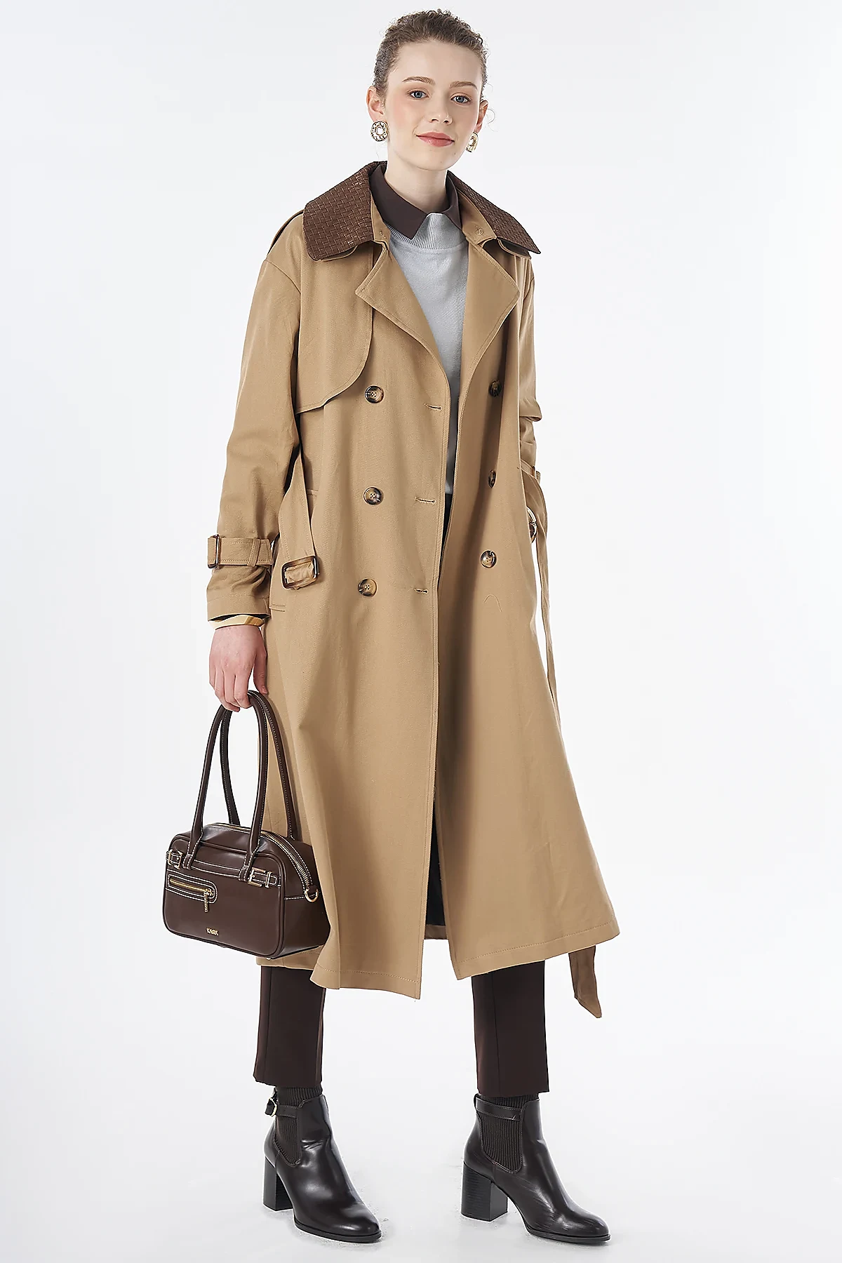 Leather-Collar Trench Coat Beige