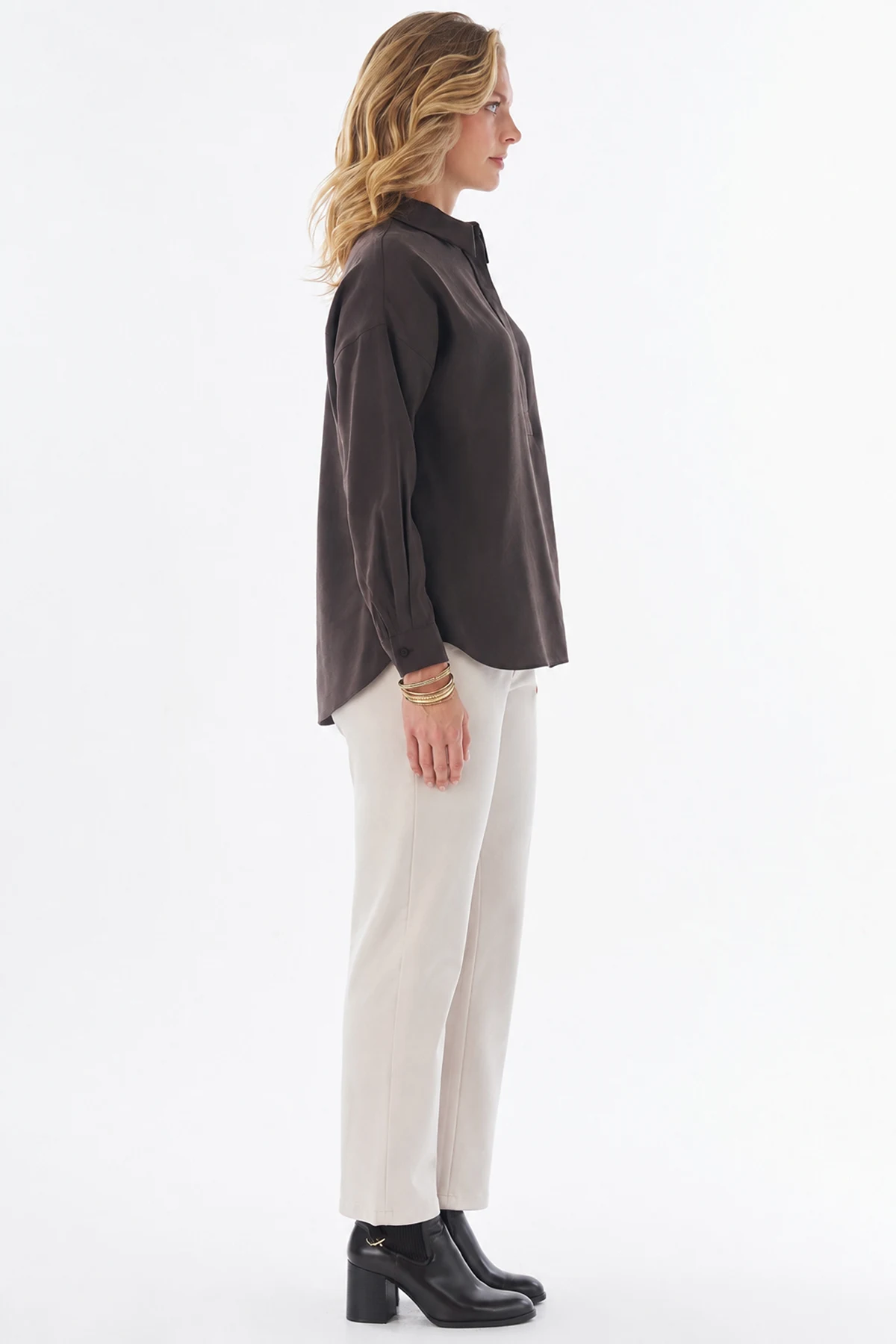 Half Placket Basic Blouse - Brown