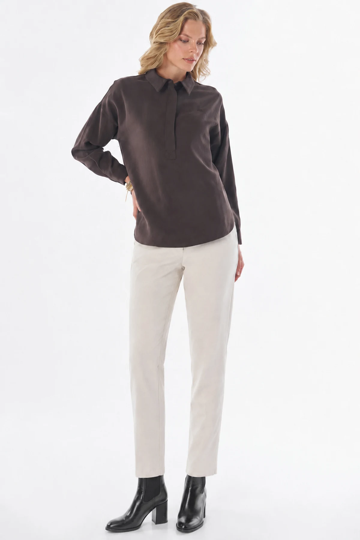 Half Placket Basic Blouse - Brown