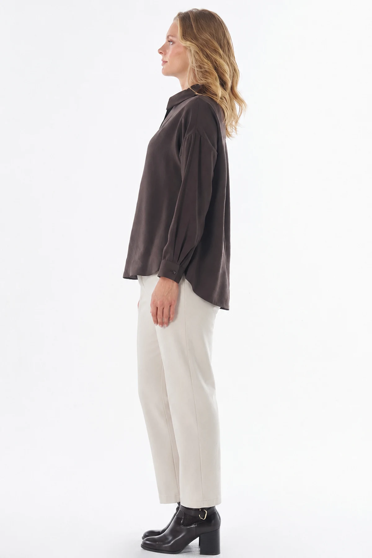 Half Placket Basic Blouse - Brown
