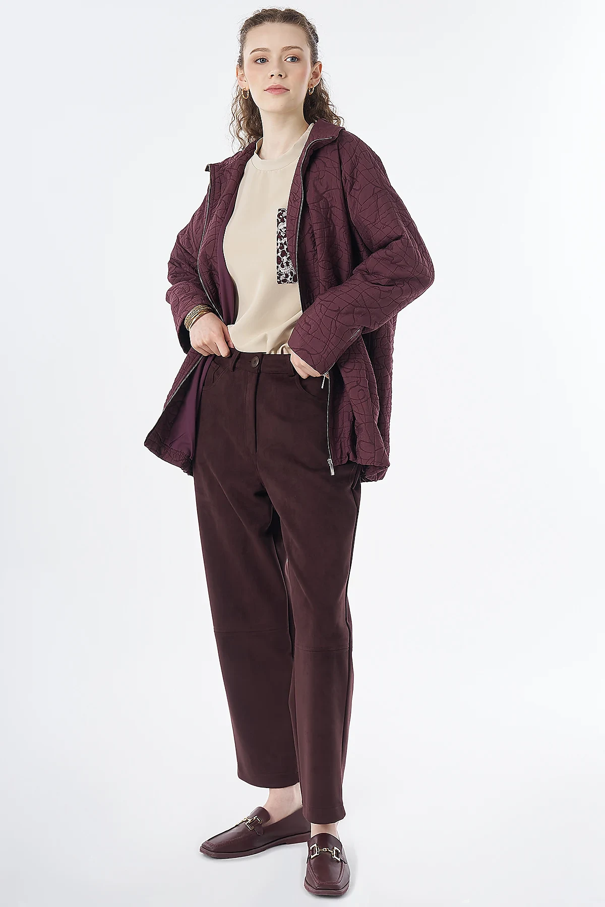 Stand-Up Collar Quilted Jacket Burgundy