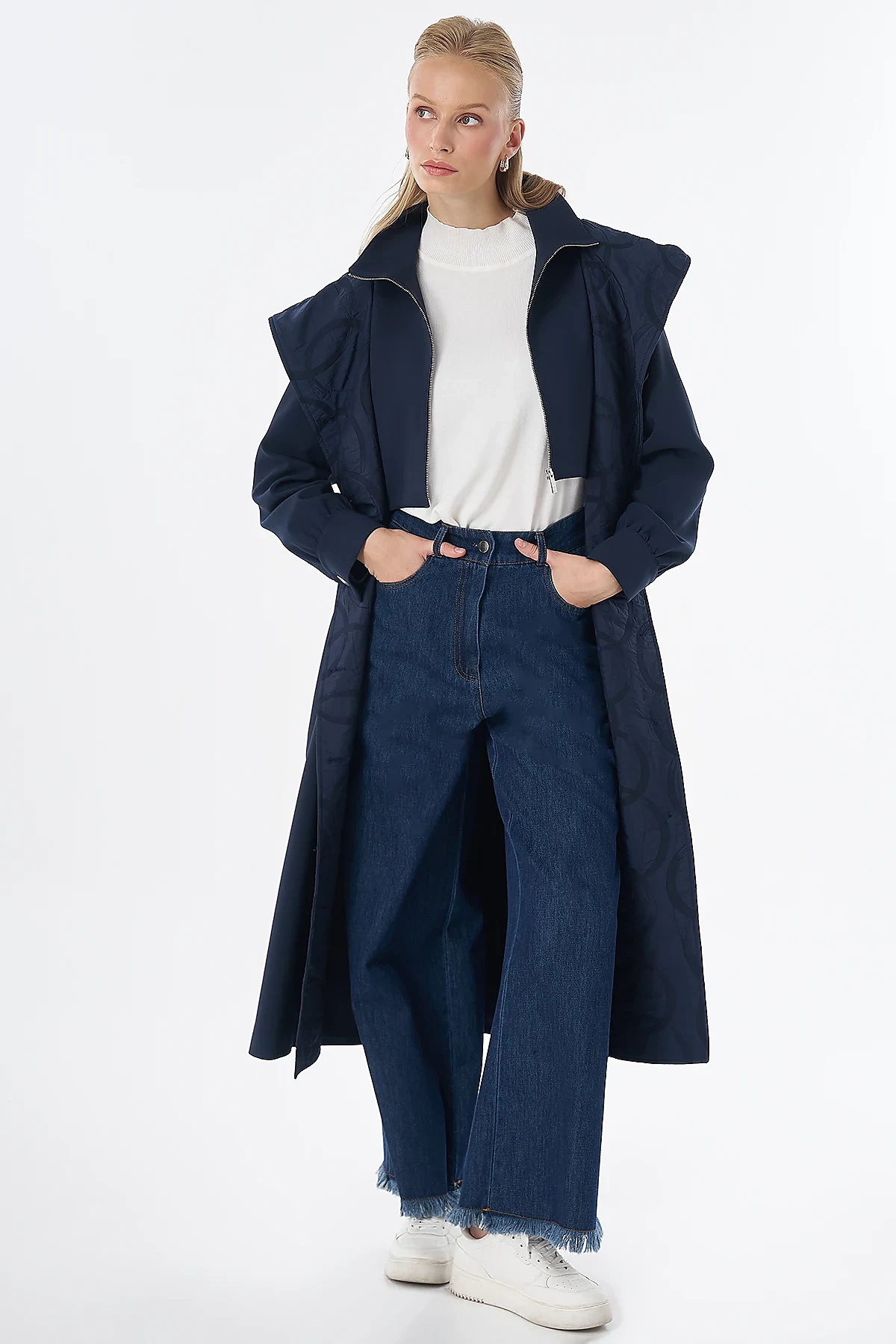 Fabric-Trimmed Hooded Cape Navy