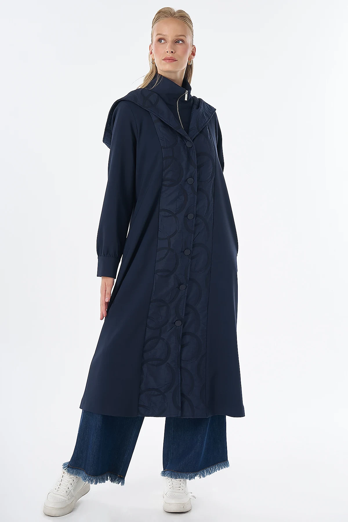 Fabric-Trimmed Hooded Cape Navy