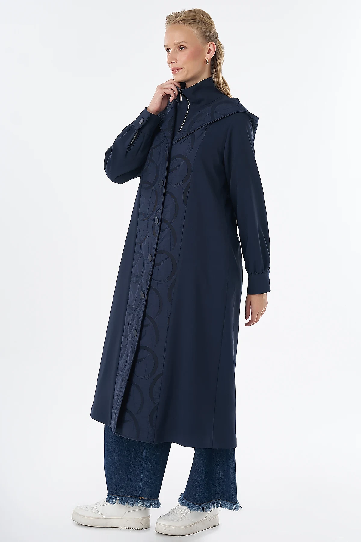 Fabric-Trimmed Hooded Cape Navy