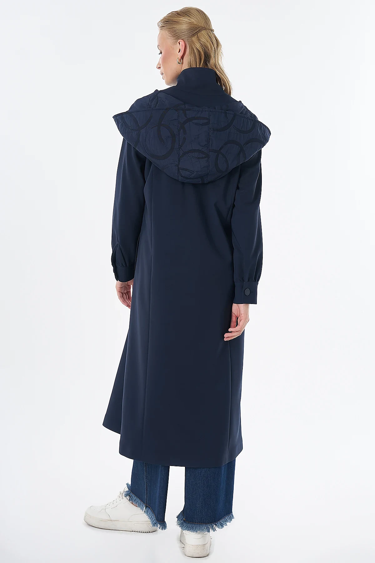 Fabric-Trimmed Hooded Cape Navy