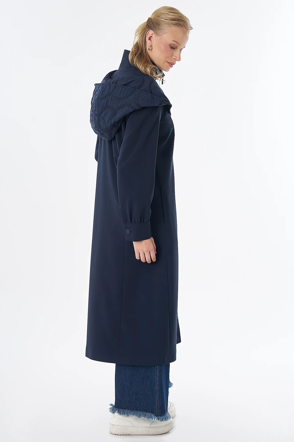 Fabric-Trimmed Hooded Cape Navy
