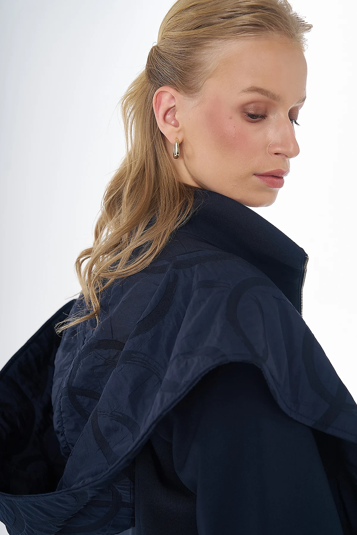 Fabric-Trimmed Hooded Cape Navy