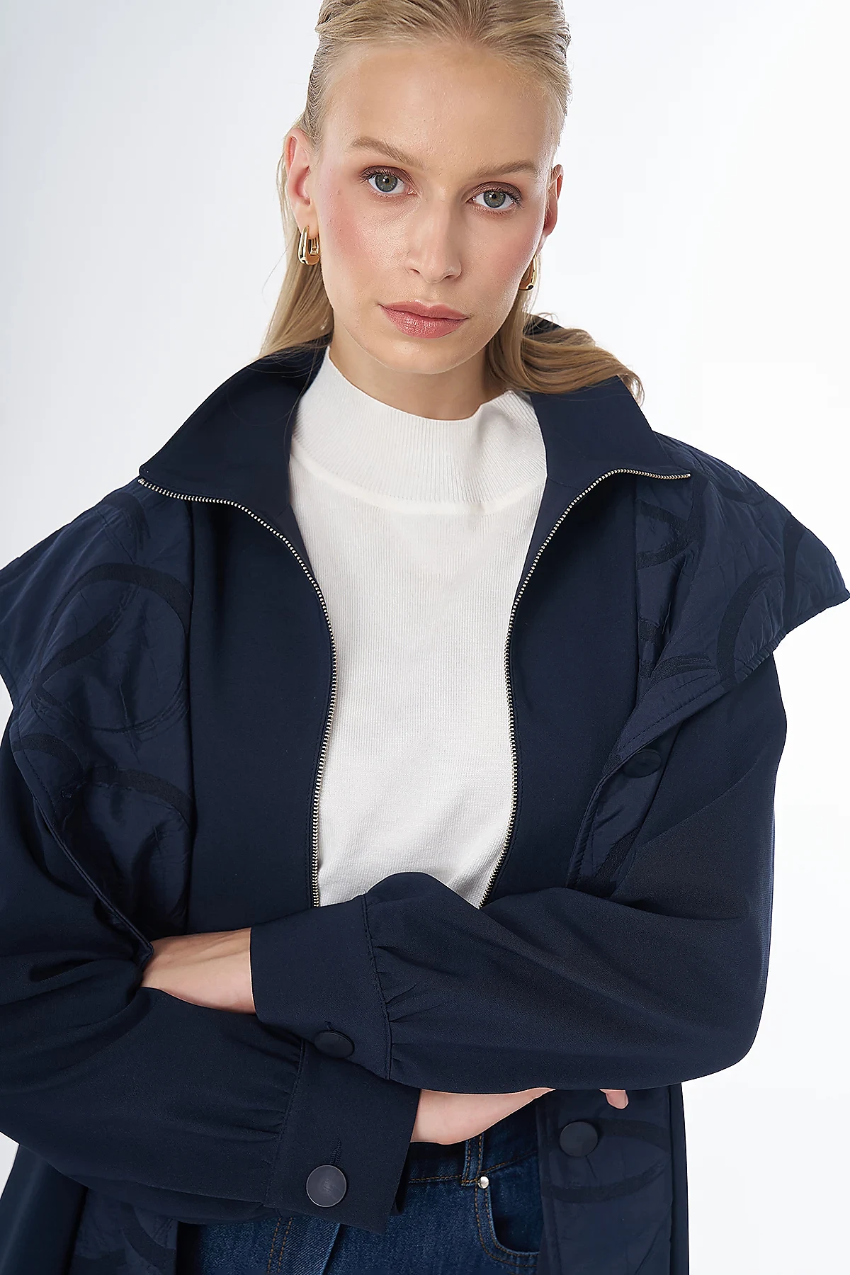 Fabric-Trimmed Hooded Cape Navy