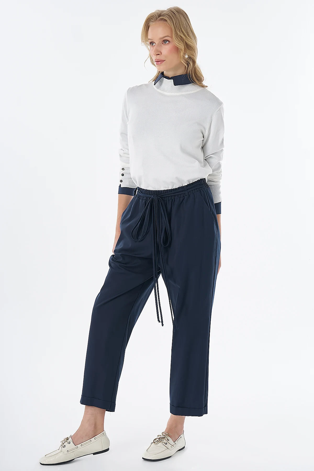 High-Waisted Lyocell Trousers Navy