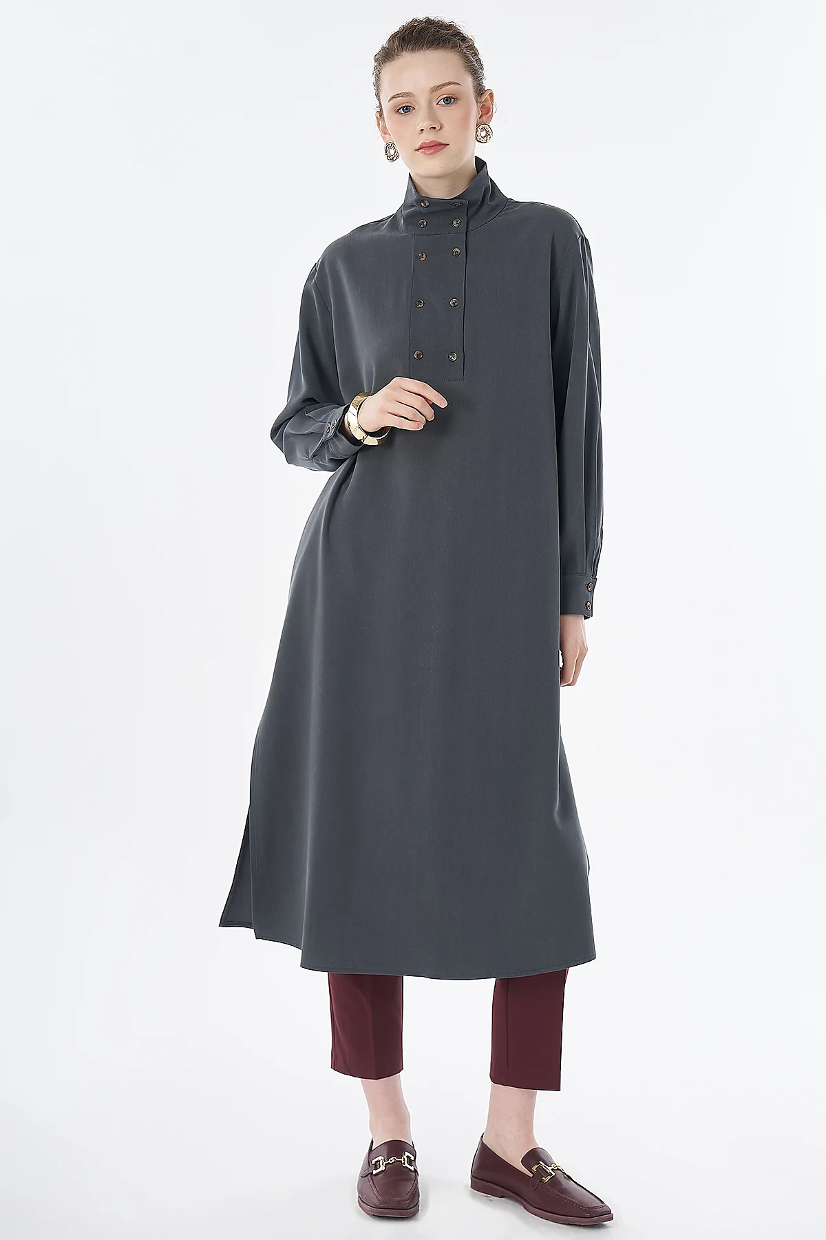 Stand Collar Viscose Lyocell Tunic Charcoal