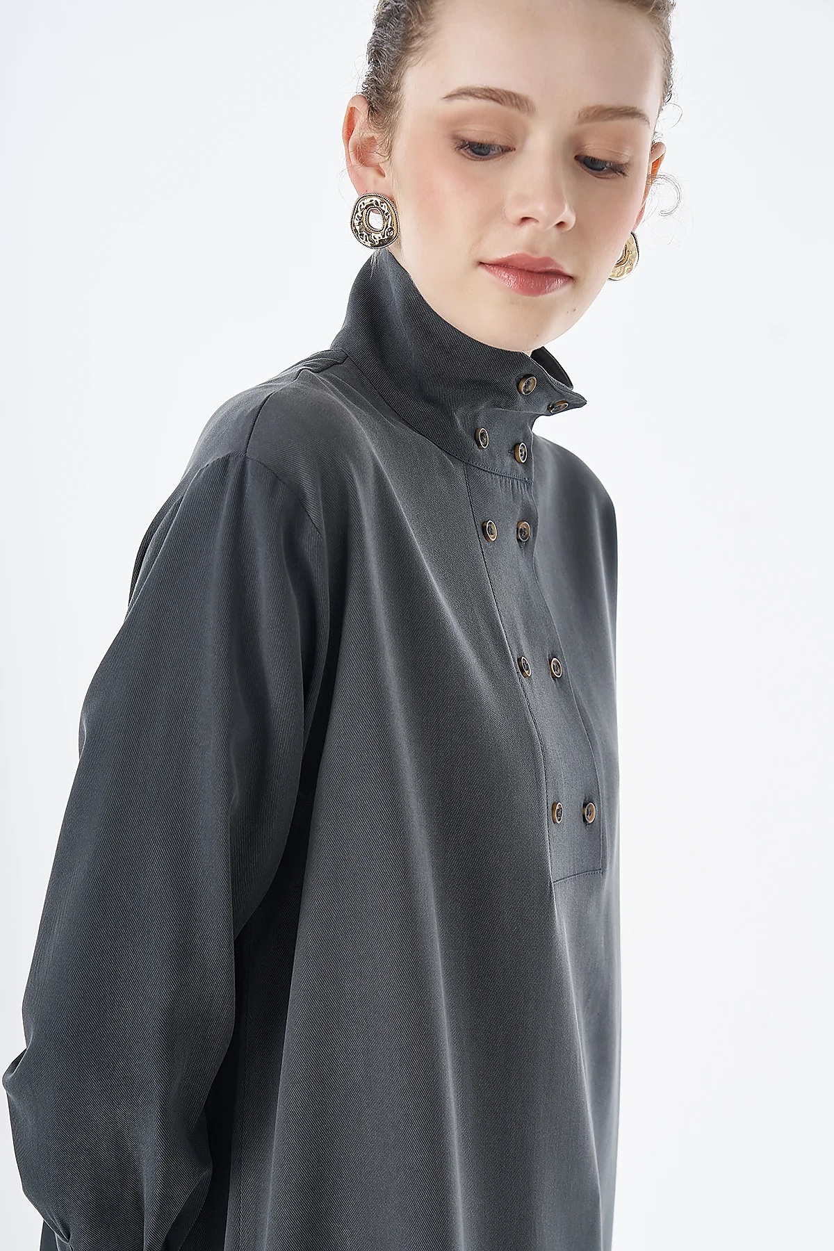 Stand Collar Viscose Lyocell Tunic Charcoal