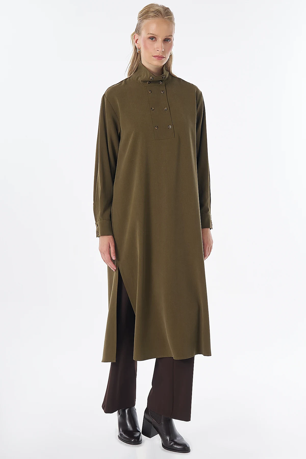 Stand Collar Viscose Lyocell Tunic Khaki