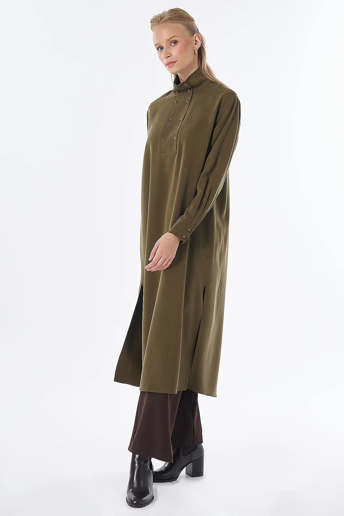 Stand Collar Viscose Lyocell Tunic Khaki