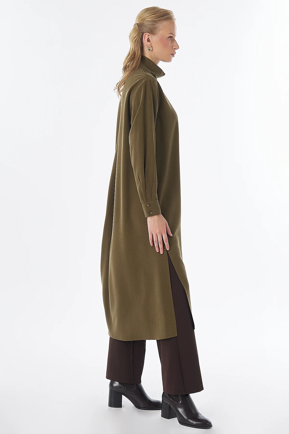 Stand Collar Viscose Lyocell Tunic Khaki