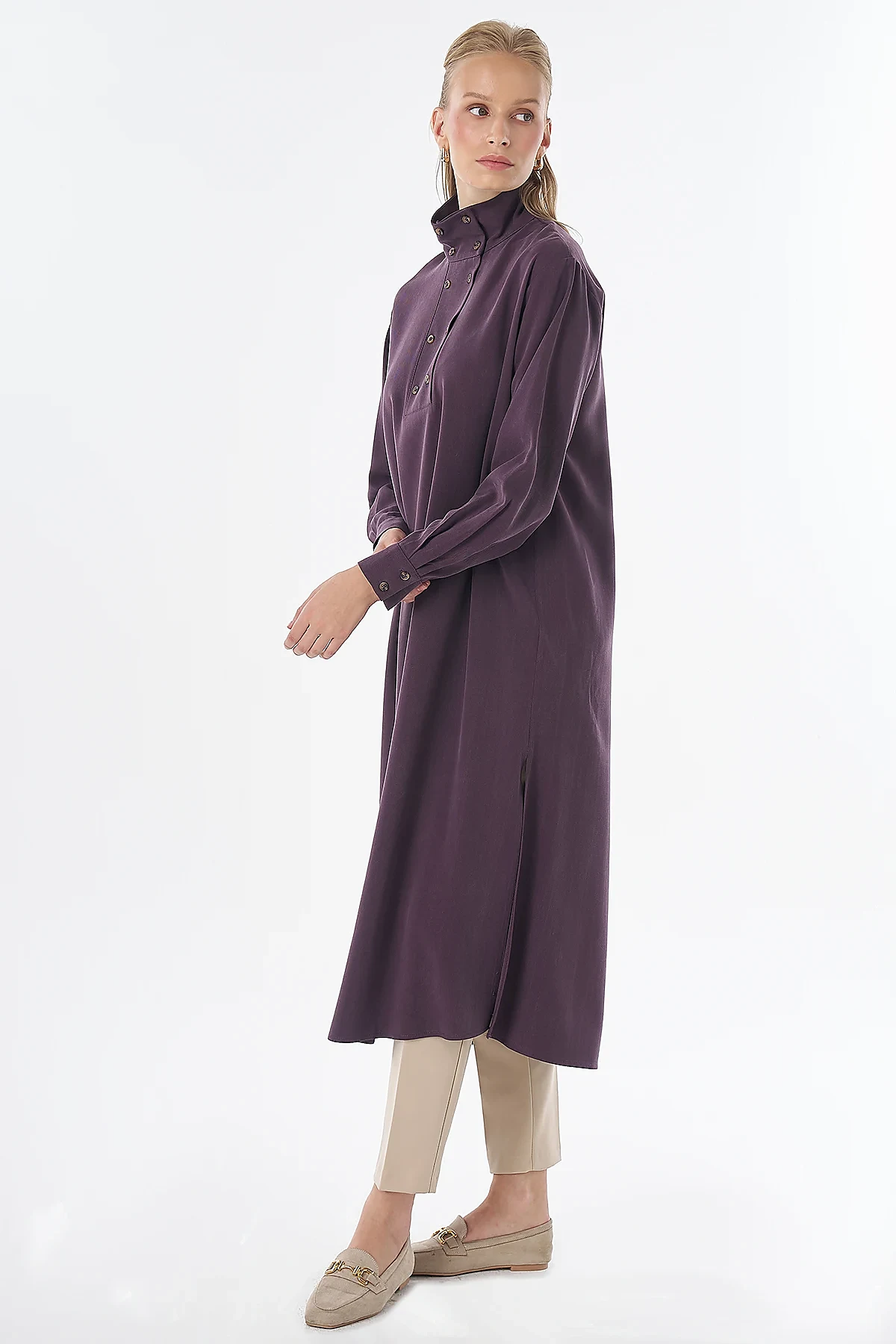 Stand Collar Viscose Lyocell Tunic Plum