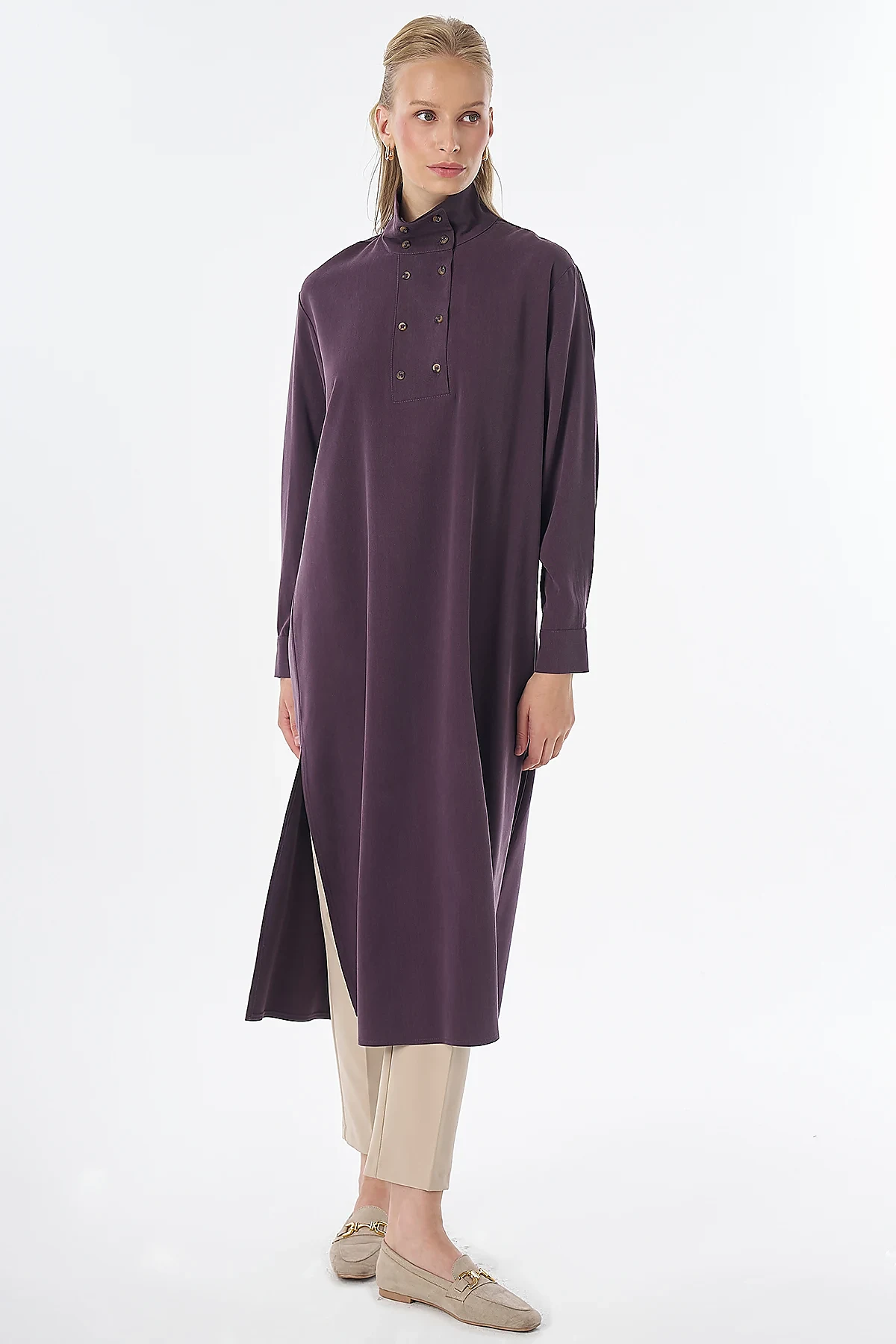 Stand Collar Viscose Lyocell Tunic Plum