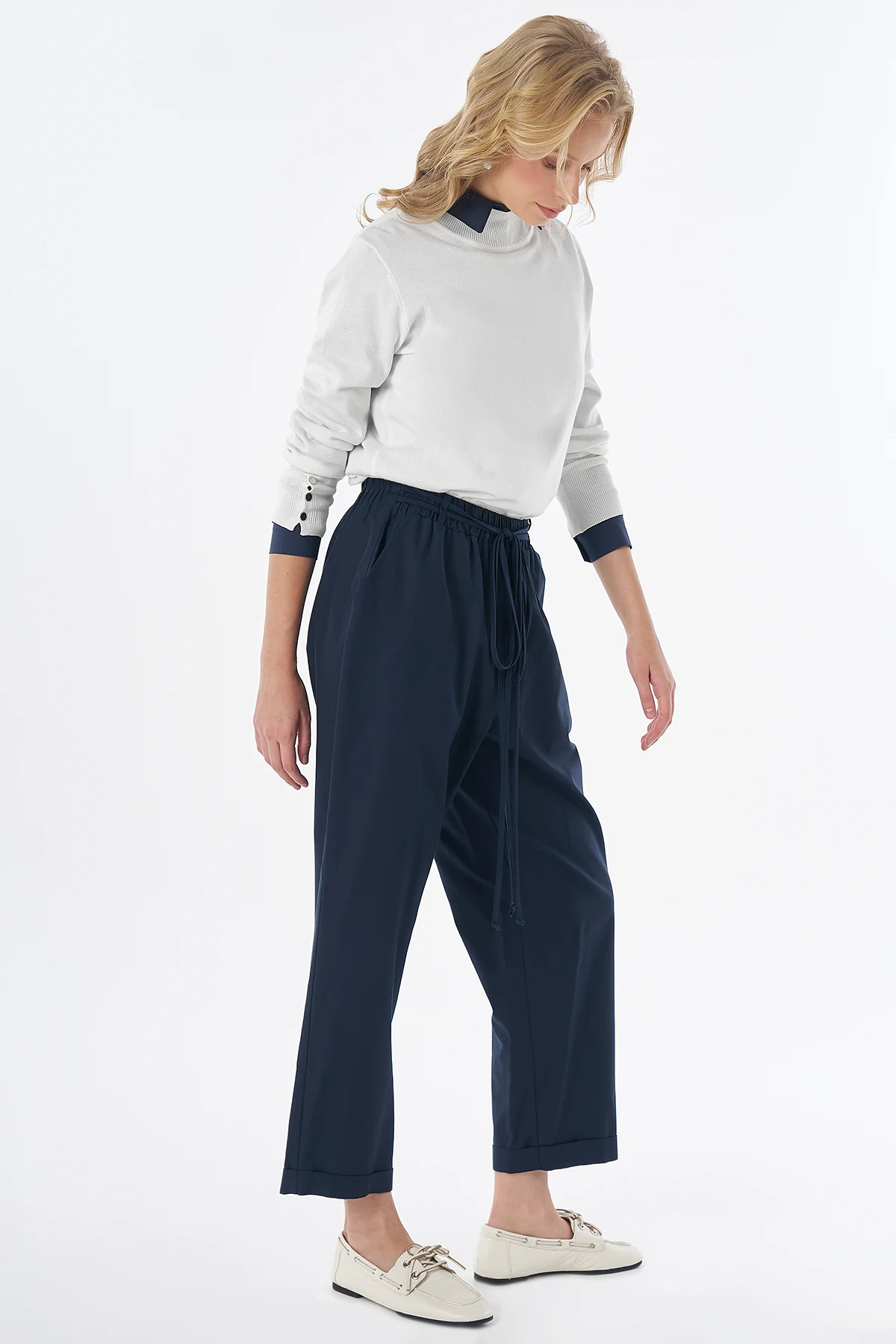 High-Waisted Lyocell Trousers Navy