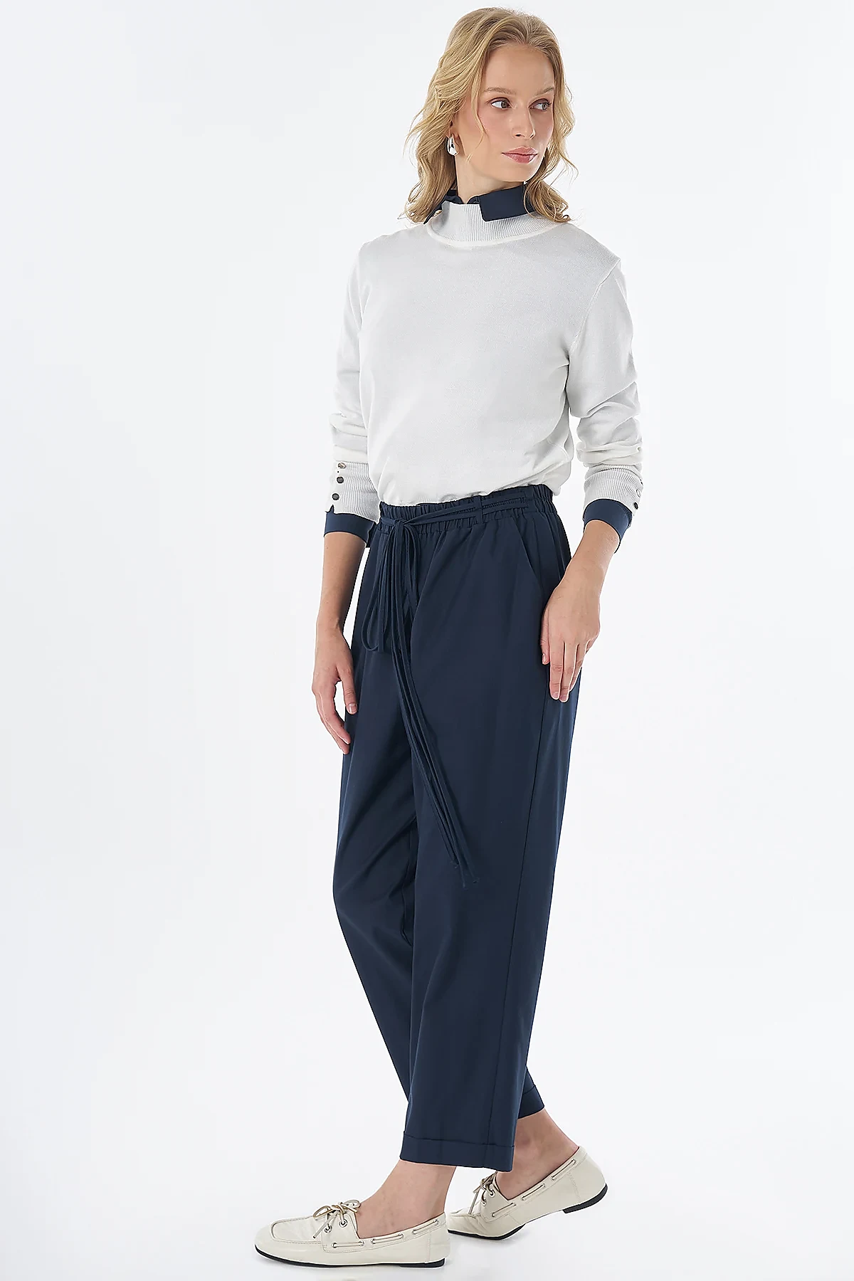High-Waisted Lyocell Trousers Navy
