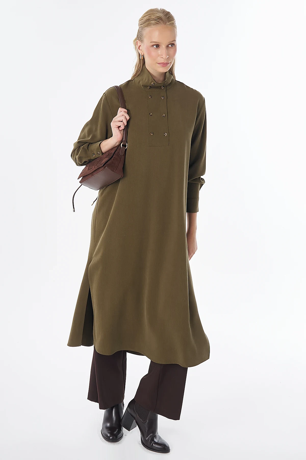 Stand Collar Viscose Lyocell Tunic Khaki