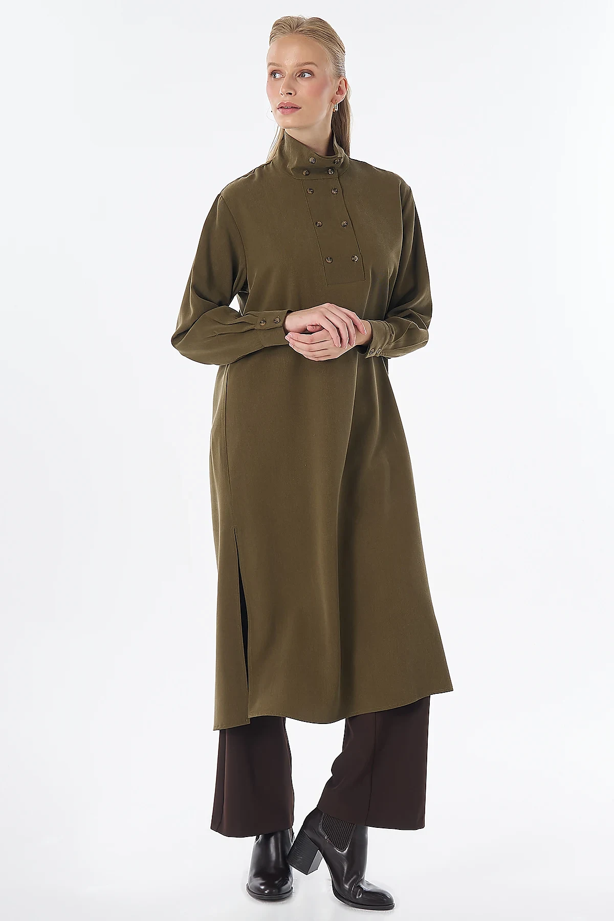 Stand Collar Viscose Lyocell Tunic Khaki