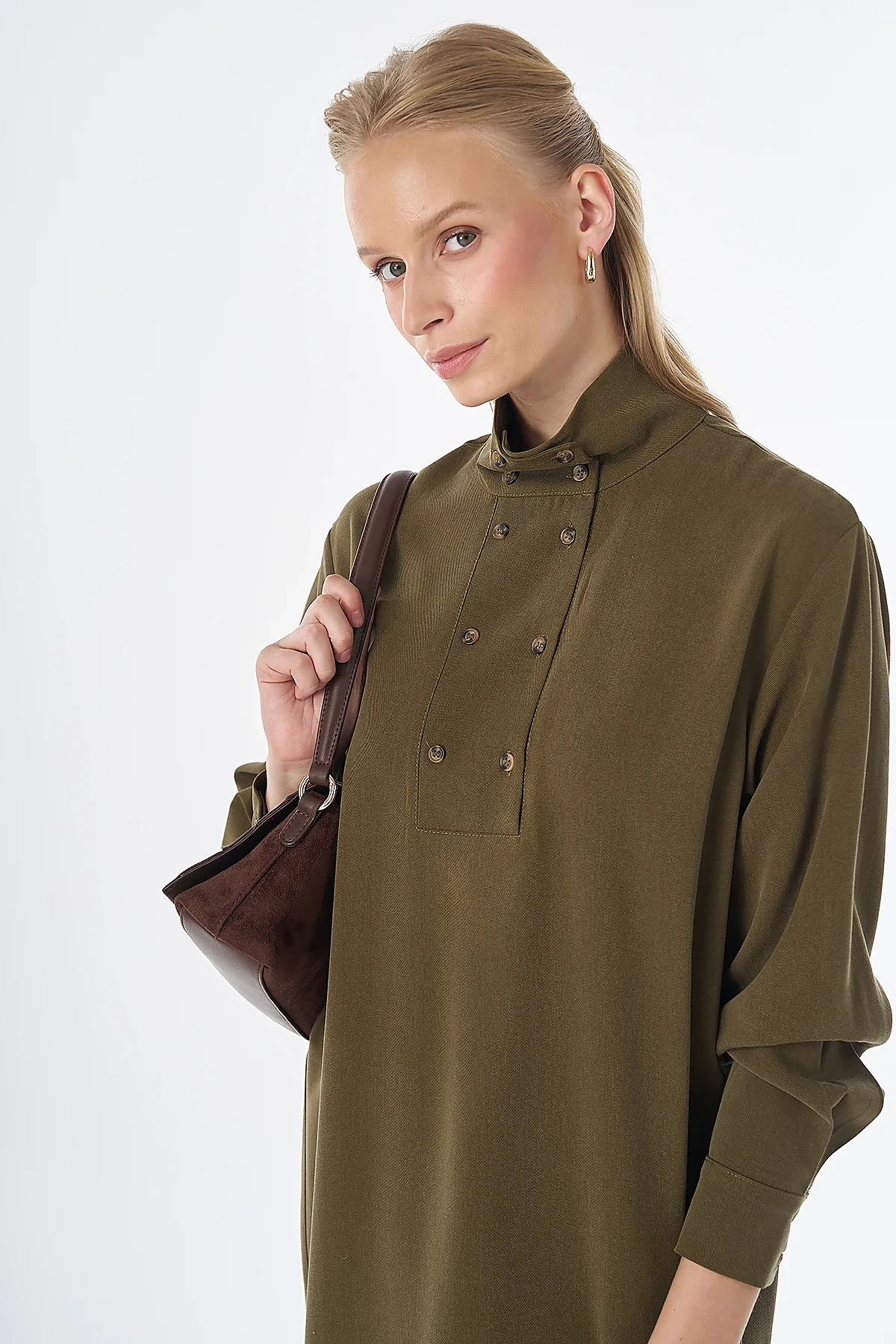 Stand Collar Viscose Lyocell Tunic Khaki
