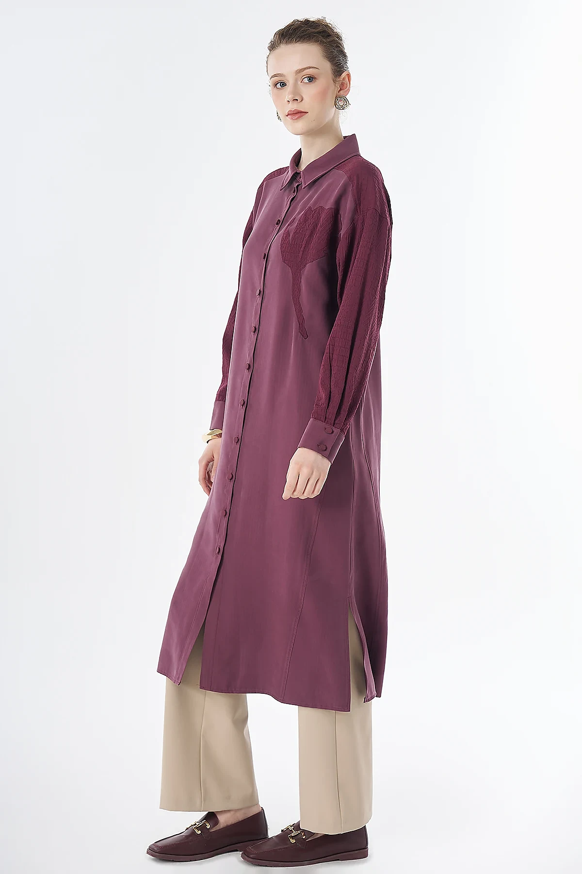 Fabric-Trimmed Rayon Tunic Burgundy