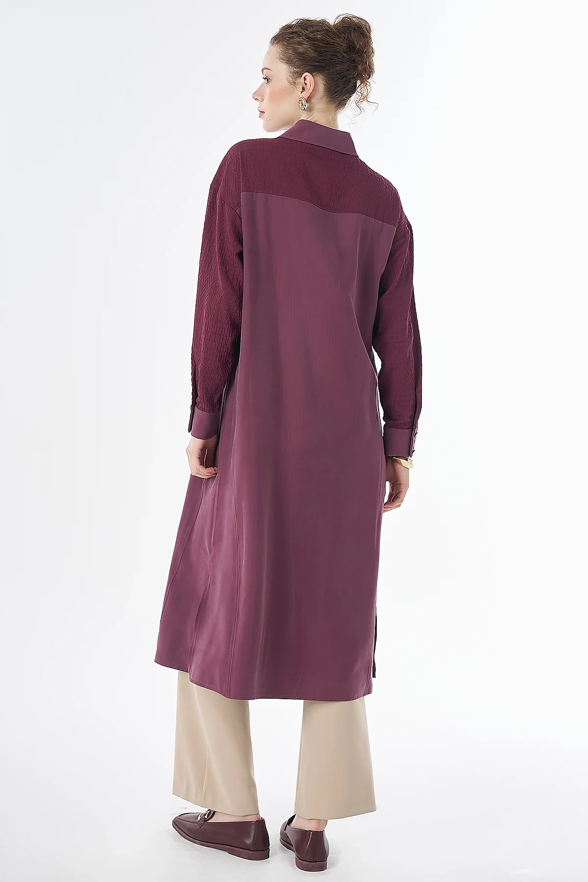 Fabric-Trimmed Rayon Tunic Burgundy