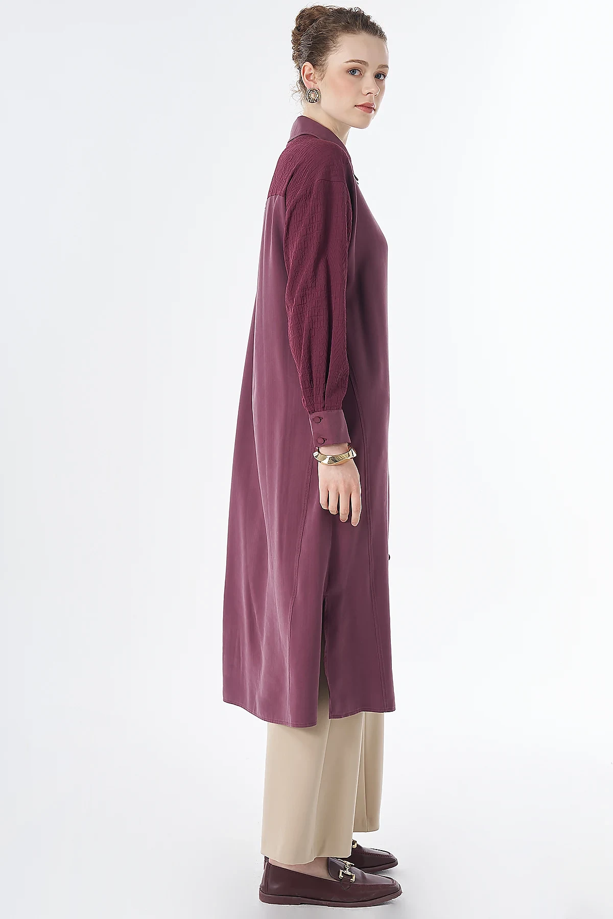 Fabric-Trimmed Rayon Tunic Burgundy