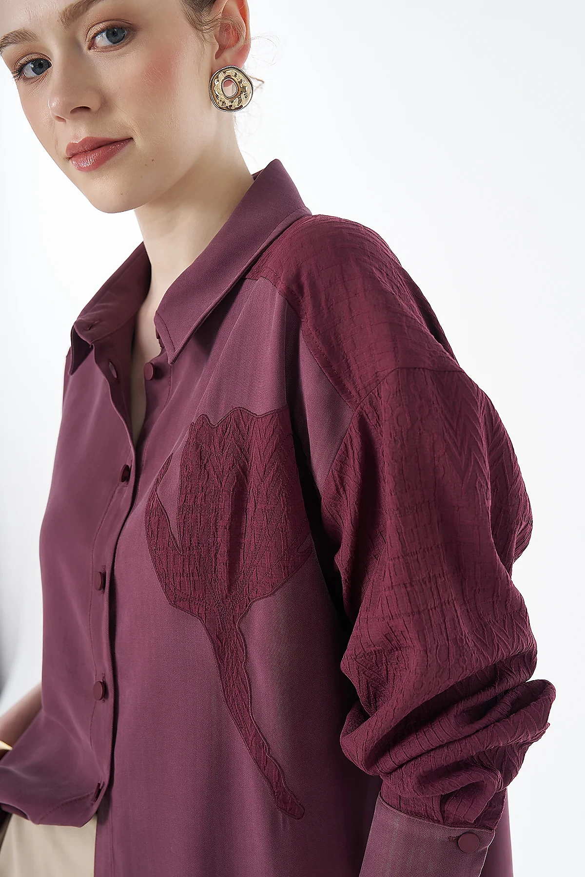 Fabric-Trimmed Rayon Tunic Burgundy