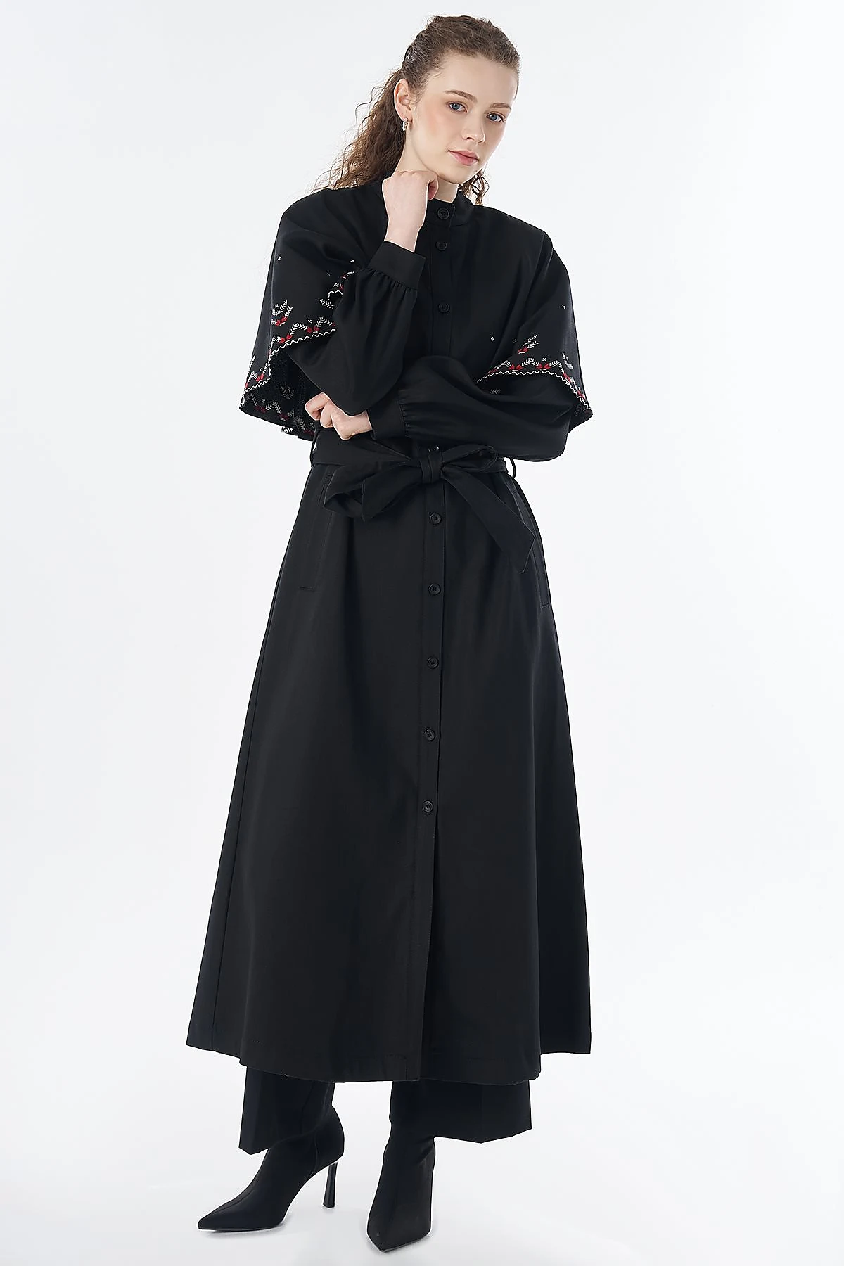 Embroidered Cape Throw-On Black