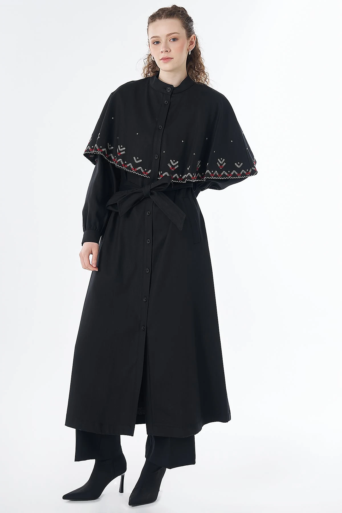 Embroidered Cape Throw-On Black
