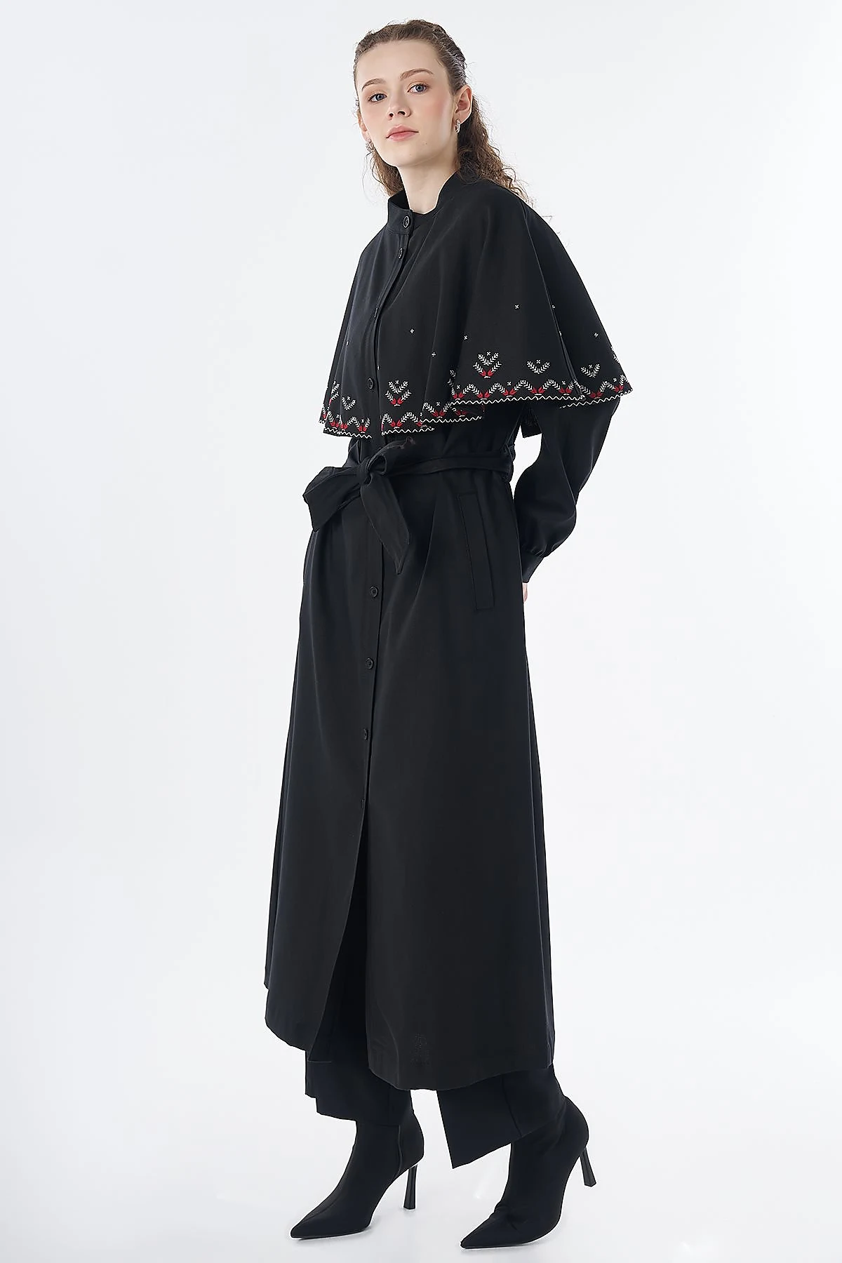 Embroidered Cape Throw-On Black