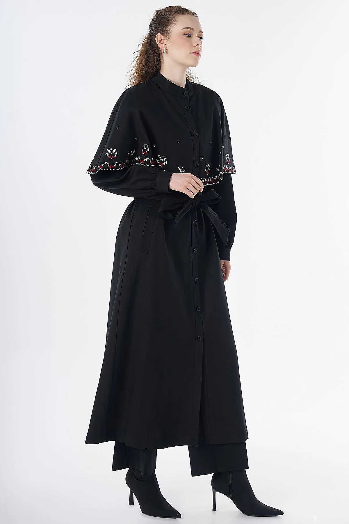 Embroidered Cape Throw-On Black