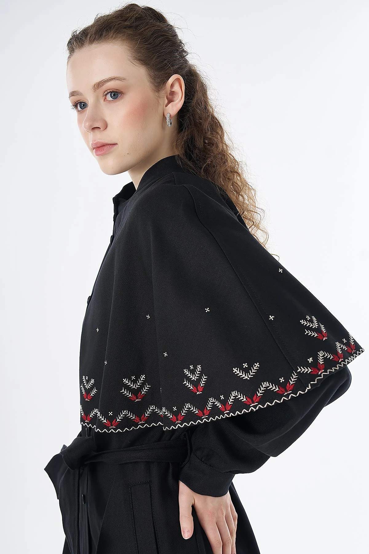 Embroidered Cape Throw-On Black