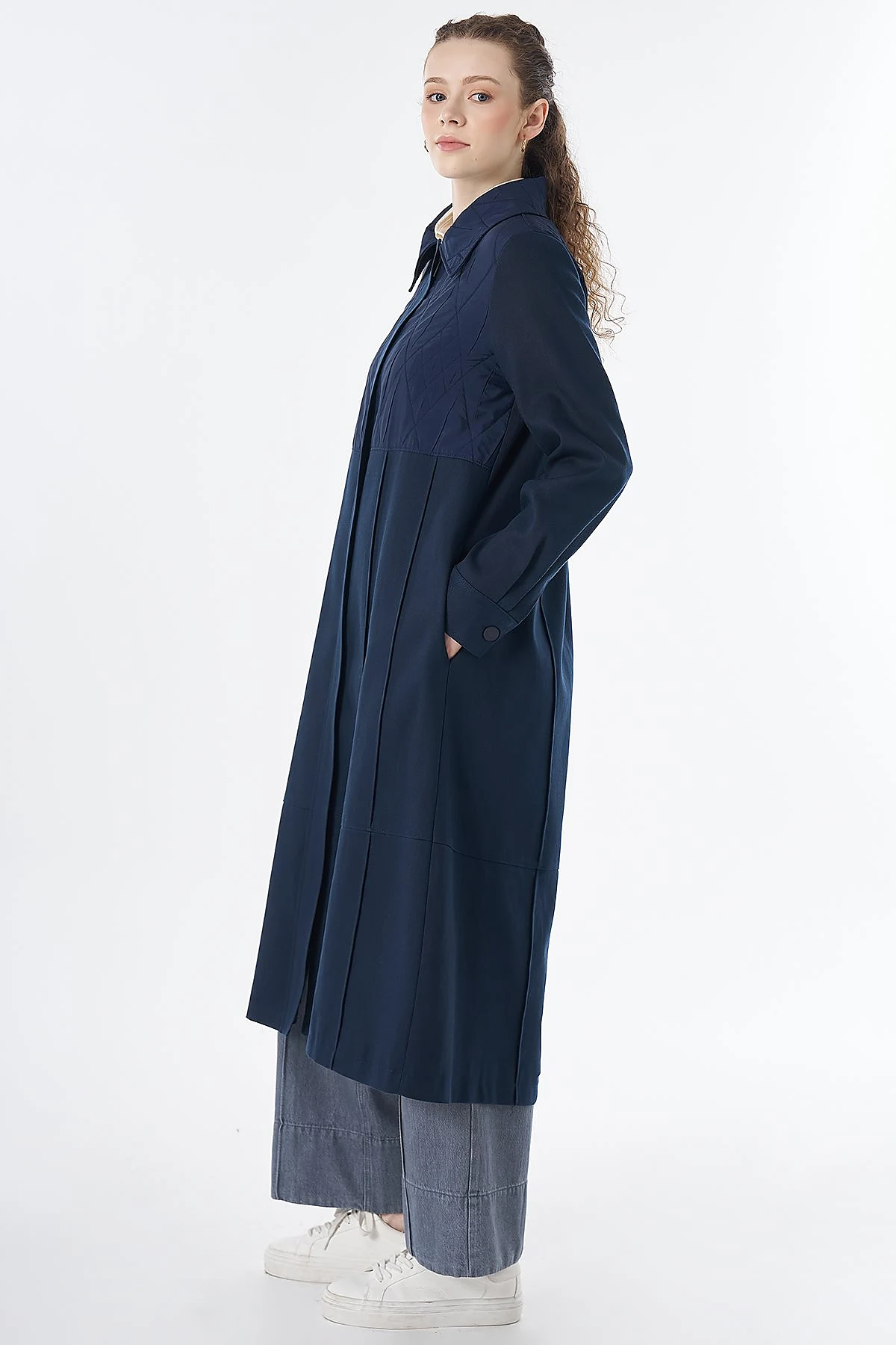 Quilted Detail Longline Jacket Navy