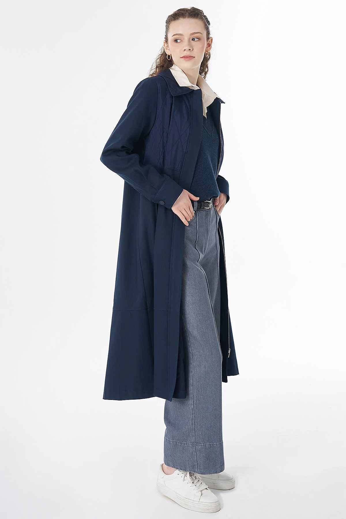 Quilted Detail Longline Jacket Navy