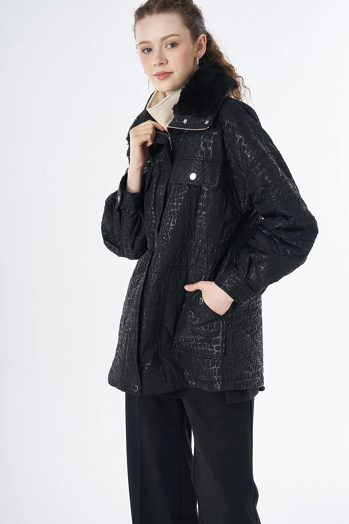 Faux Fur Collar Anorak Jacket Black