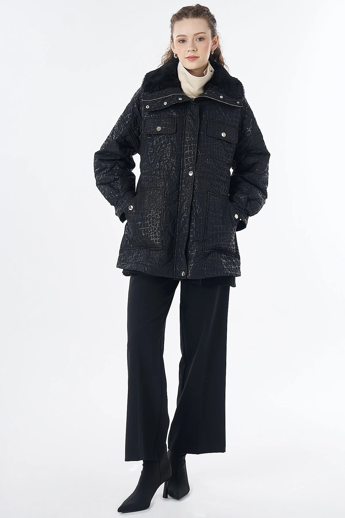 Faux Fur Collar Anorak Jacket Black