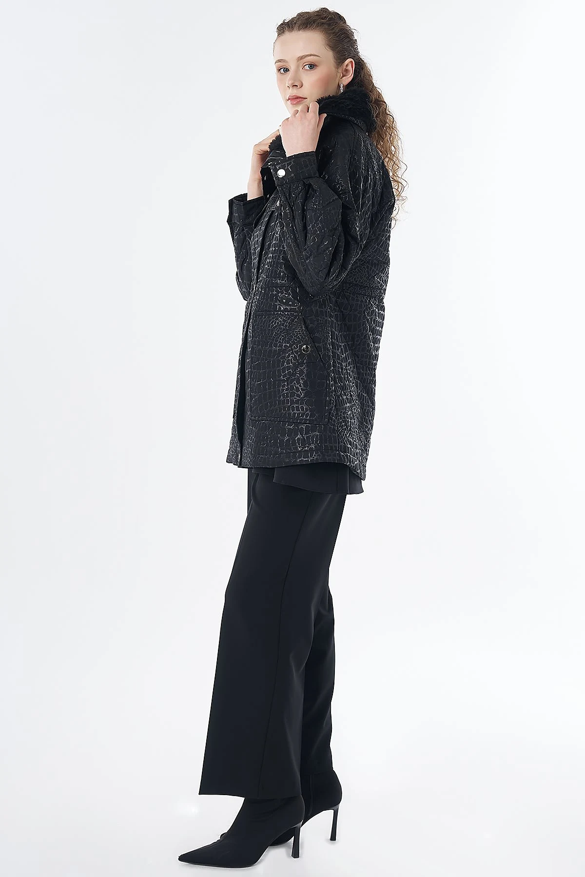 Faux Fur Collar Anorak Jacket Black