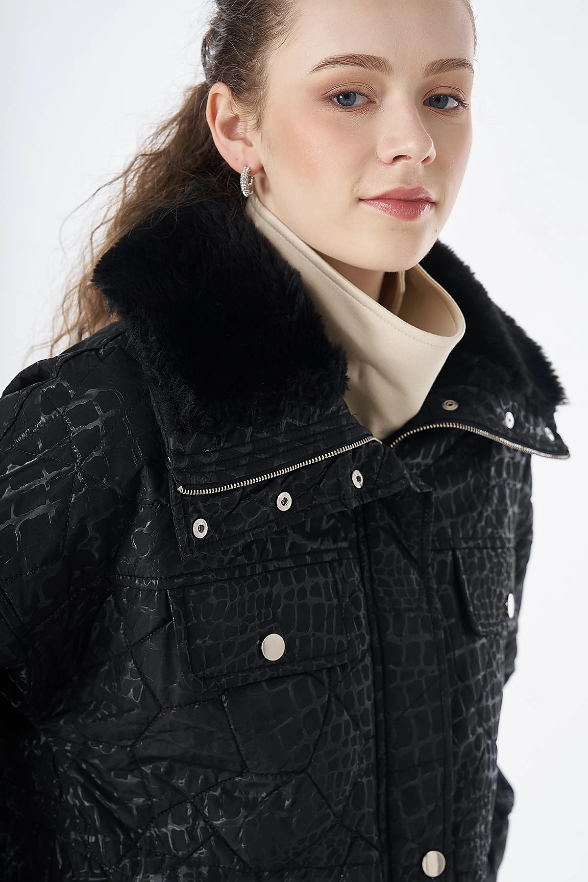Faux Fur Collar Anorak Jacket Black