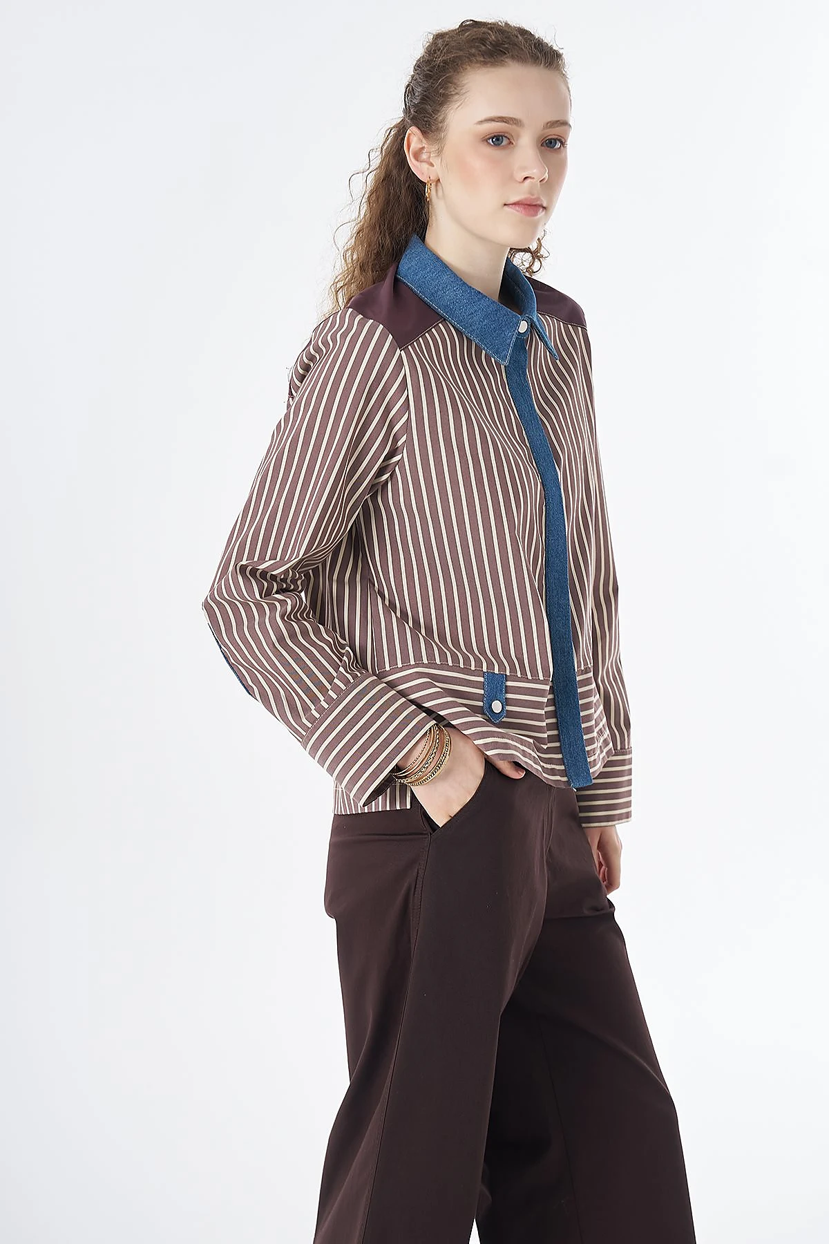 Denim Trim Cotton Blouse Brown