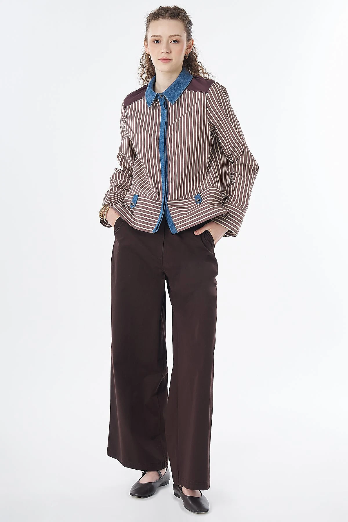 Denim Trim Cotton Blouse Brown