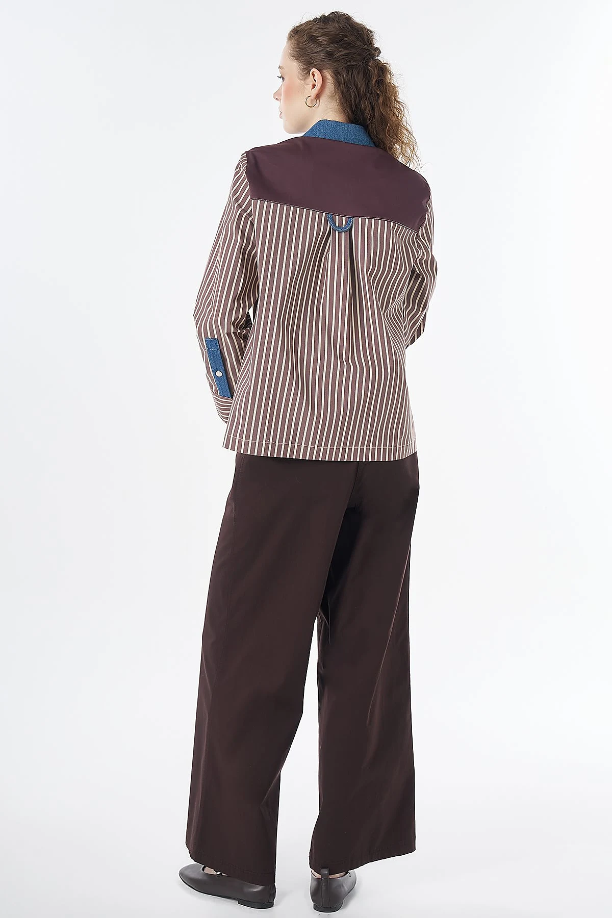 Denim Trim Cotton Blouse Brown