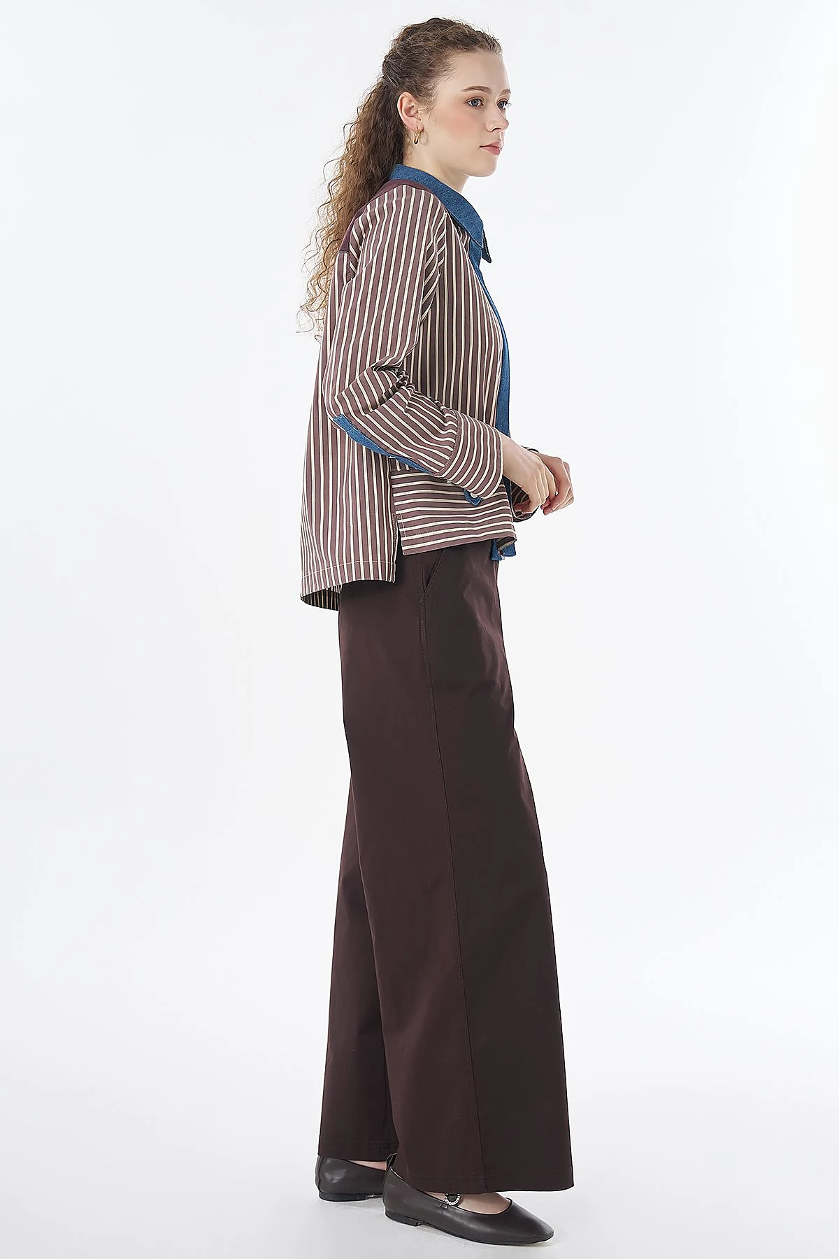 Denim Trim Cotton Blouse Brown