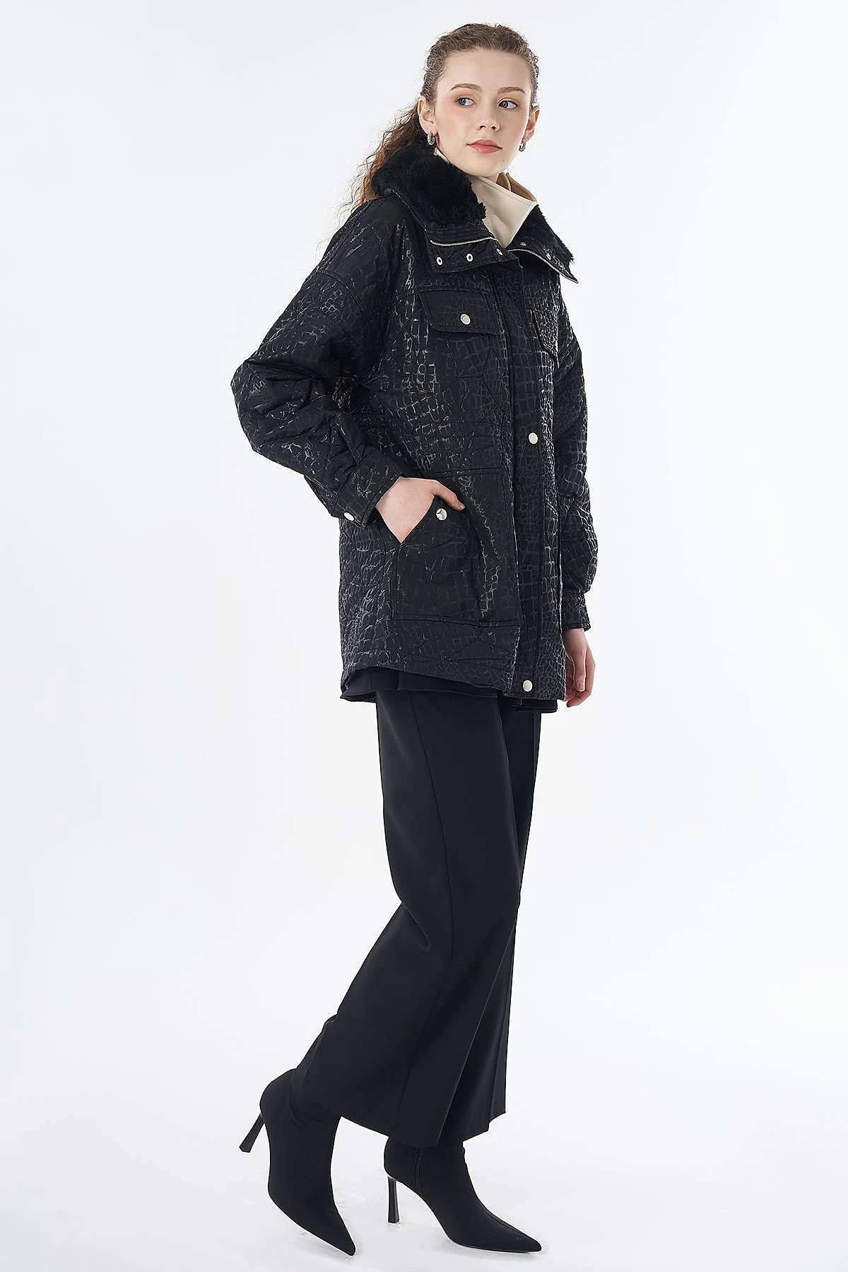 Faux Fur Collar Anorak Jacket Black