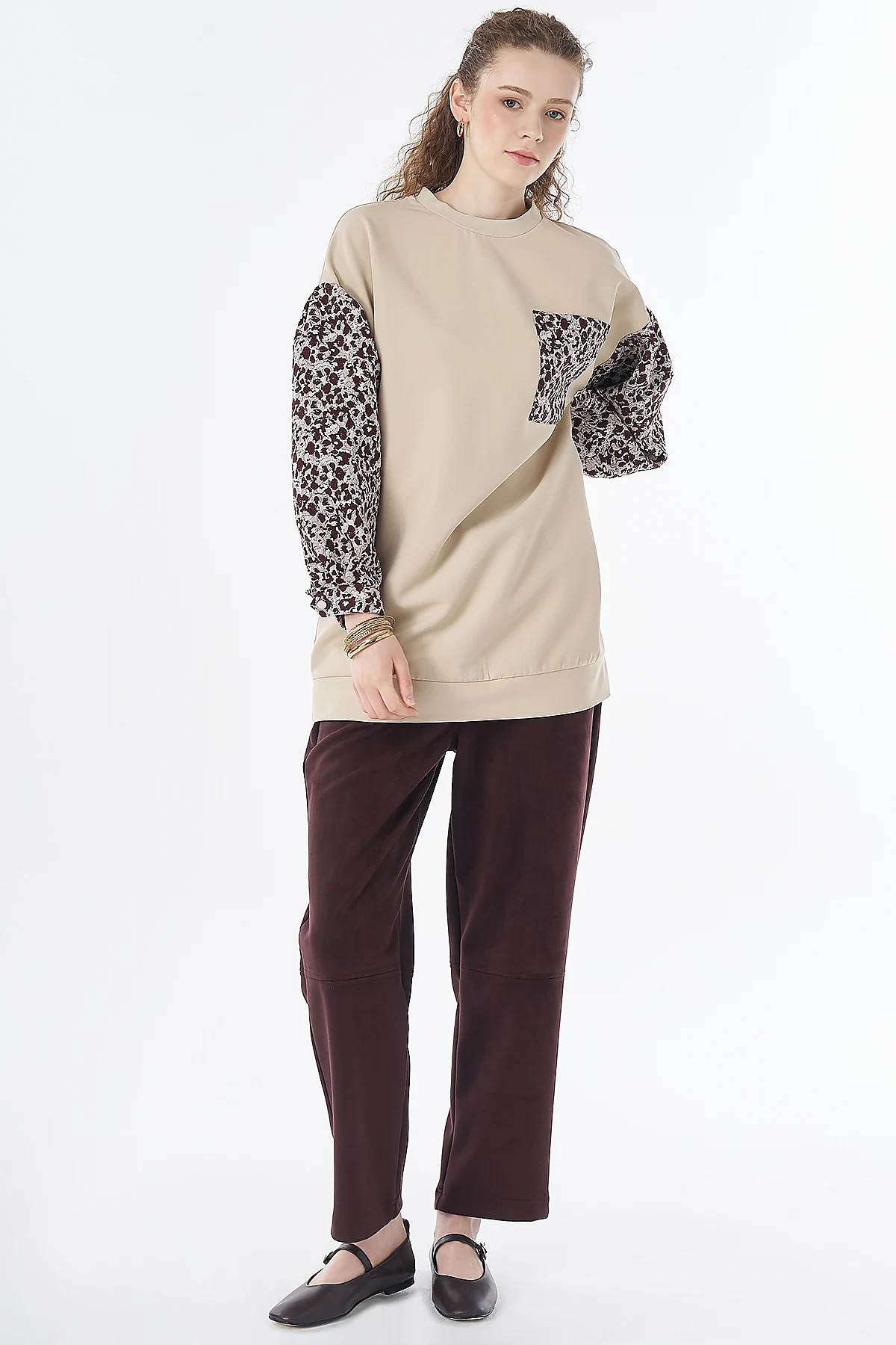 Kumaş Garnili Sweatshirt Taş
